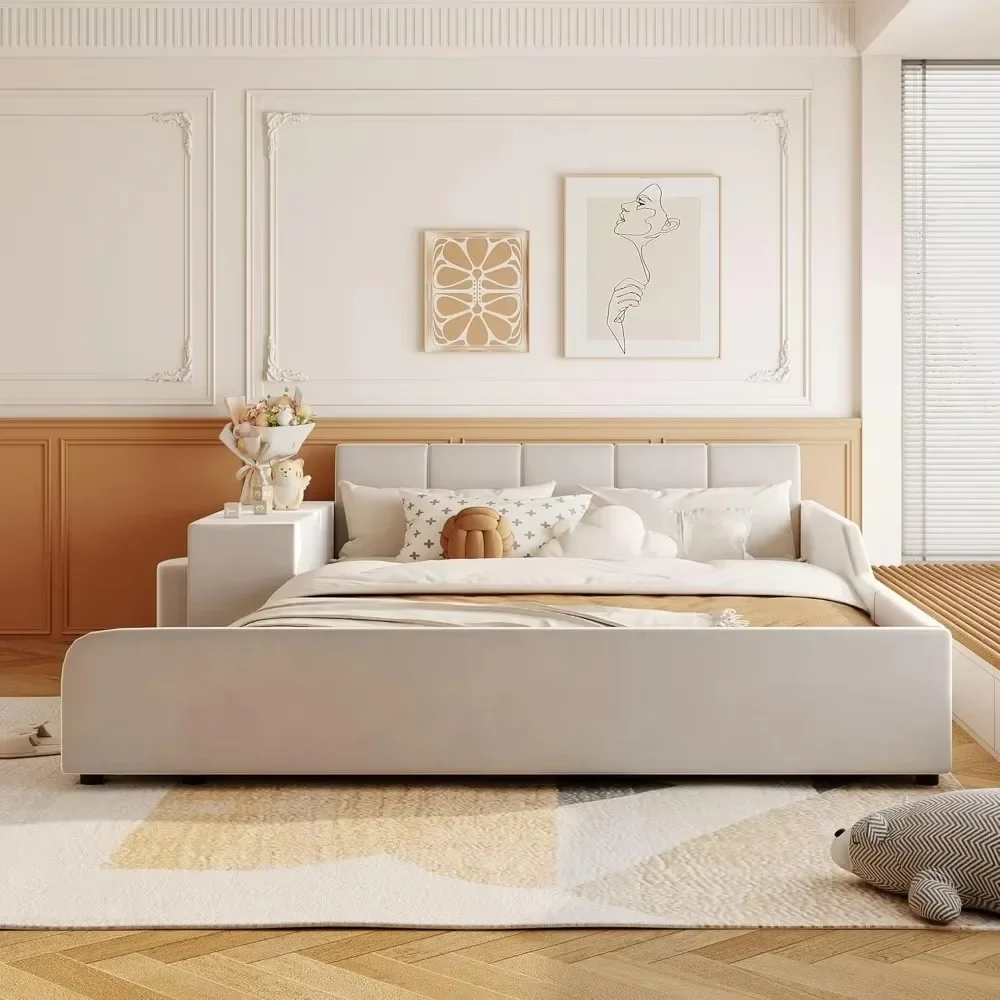 Beds Upholstered Grounded Bed with Bedside Desk and Stool, Co-Sleeping Bed with Upholstered Headboard Italian Style Modern Beds 2