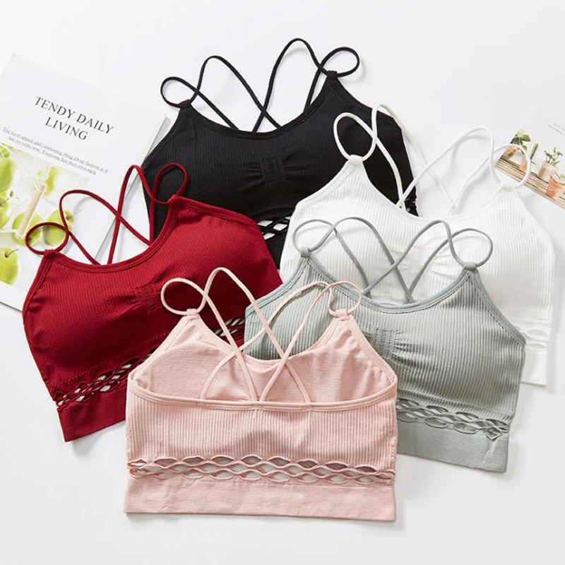 Tube Top Bra Bralette Underwear Vest For Woman Cross Straps Hollow Out Seamless Full Cup Push Up Gym Yoga