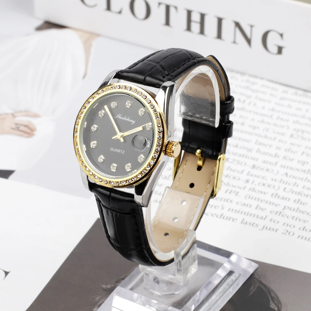 Ladies Watch Rhinestone Black Leather Bracelet Wristwatch Women Fashion Ladies Alloy Calendar Quartz Watches