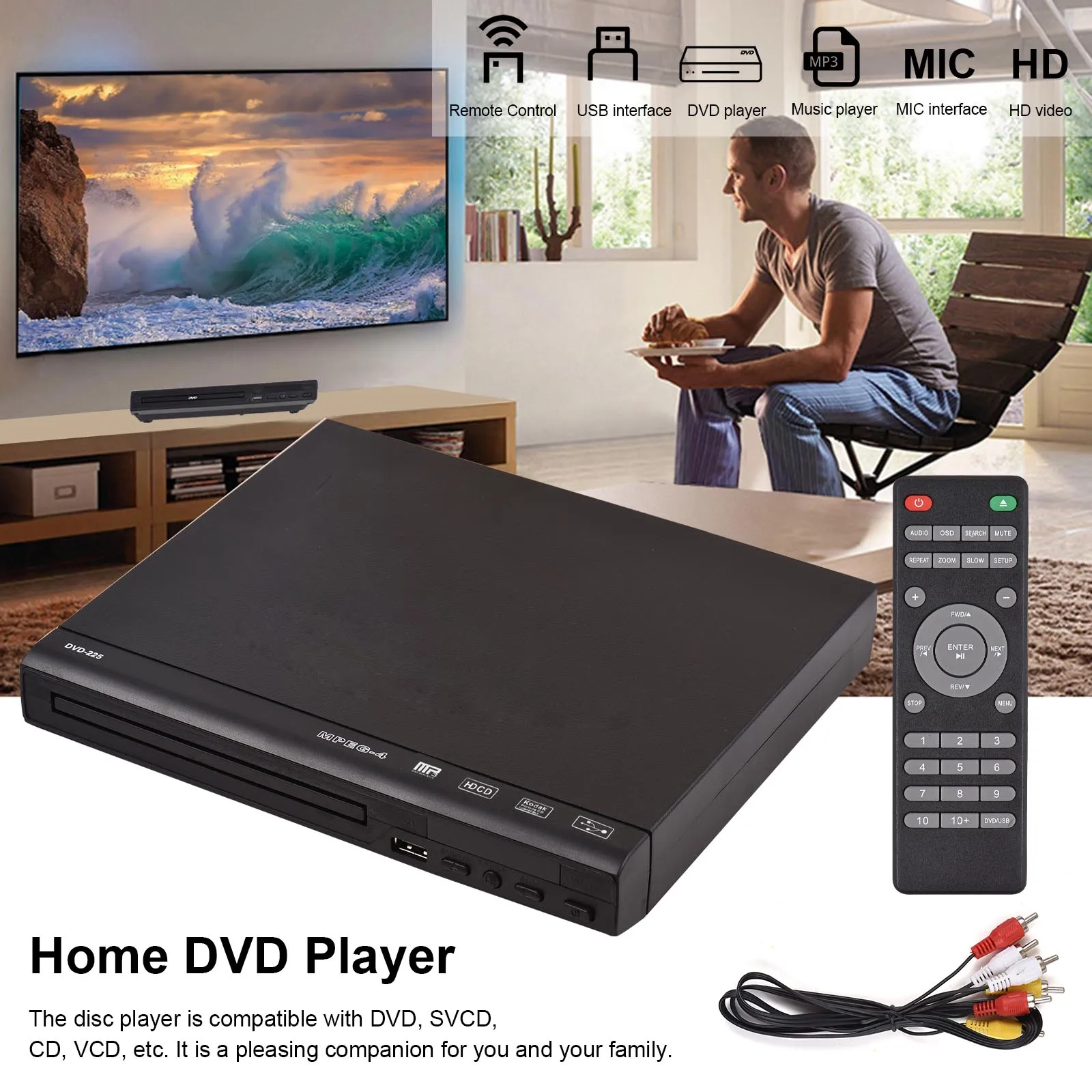 Compact Digital Multimedia DVD Player with AV Output & Remote Control