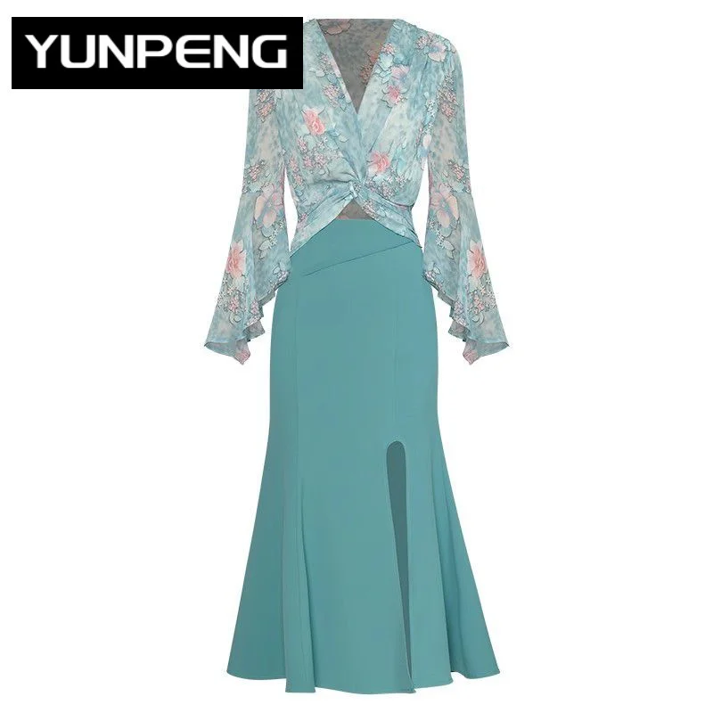 

2023 Runway Luxury Brand High QualitySuit Women V-Neck Flare Sleeve Print Tops + Mermaid Skirt Office Lady Two Pieces Set