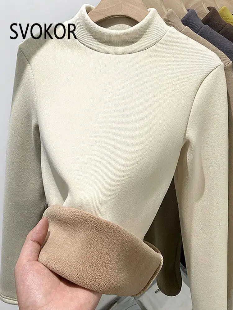 

SVOKOR Half Turtleneck Knitted Pullover Velvet Warm Top for Women Slim Fit Bottoming Shirt Winter Warm Wear Thick Sweaters