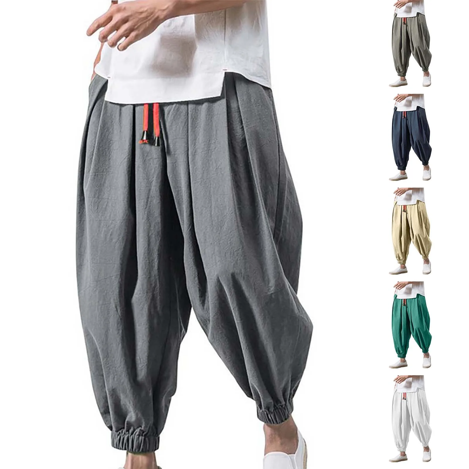 Men Pants Cotton Linen Bloomers Oversize Solid Color Leggings Loose Breathable Dailywear