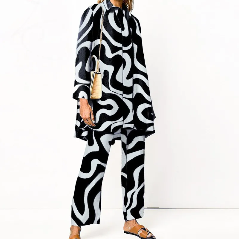 Women's Streetwear Loose Straight Suit Women's Elastic Waist Office Pants Suit Retro Print Lapel Two Piece Set