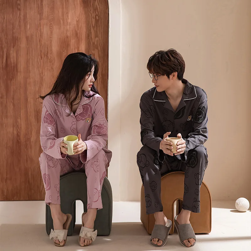 New Sleepwear Couple Men Women Matching Home Suits Cotton Pjs Cardigan Leisure Nightwear Pajamas for Autumn Spring pijama mujer