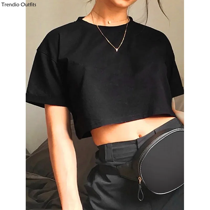 

2024funny Y2K Tshirt Women Crop Tops Casual Black Femme Navel Bts T-shirt Round Neck Short Loose Tee Best Friends T Shirt Summer