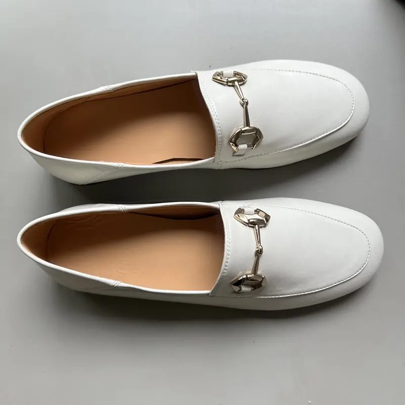 Big Size 34-44 New Genuine Leather Loafers Women Flats Slip On Metal Buckle Women's Flats Fashion Brand Flat Shoes Lady Footwear