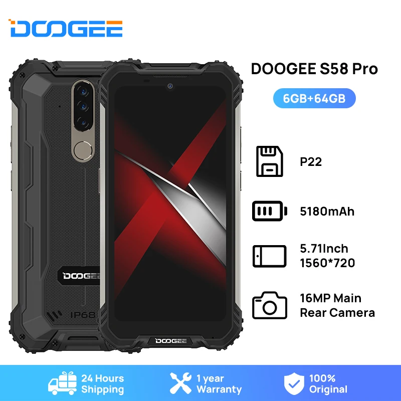 

DOOGEE S58 Pro Waterproof Rugged Phone IP68/IP69K 5180mAh Smart Phone 5.71"FHD+Display 6GB+64GB Android 10 NFC Smartphone