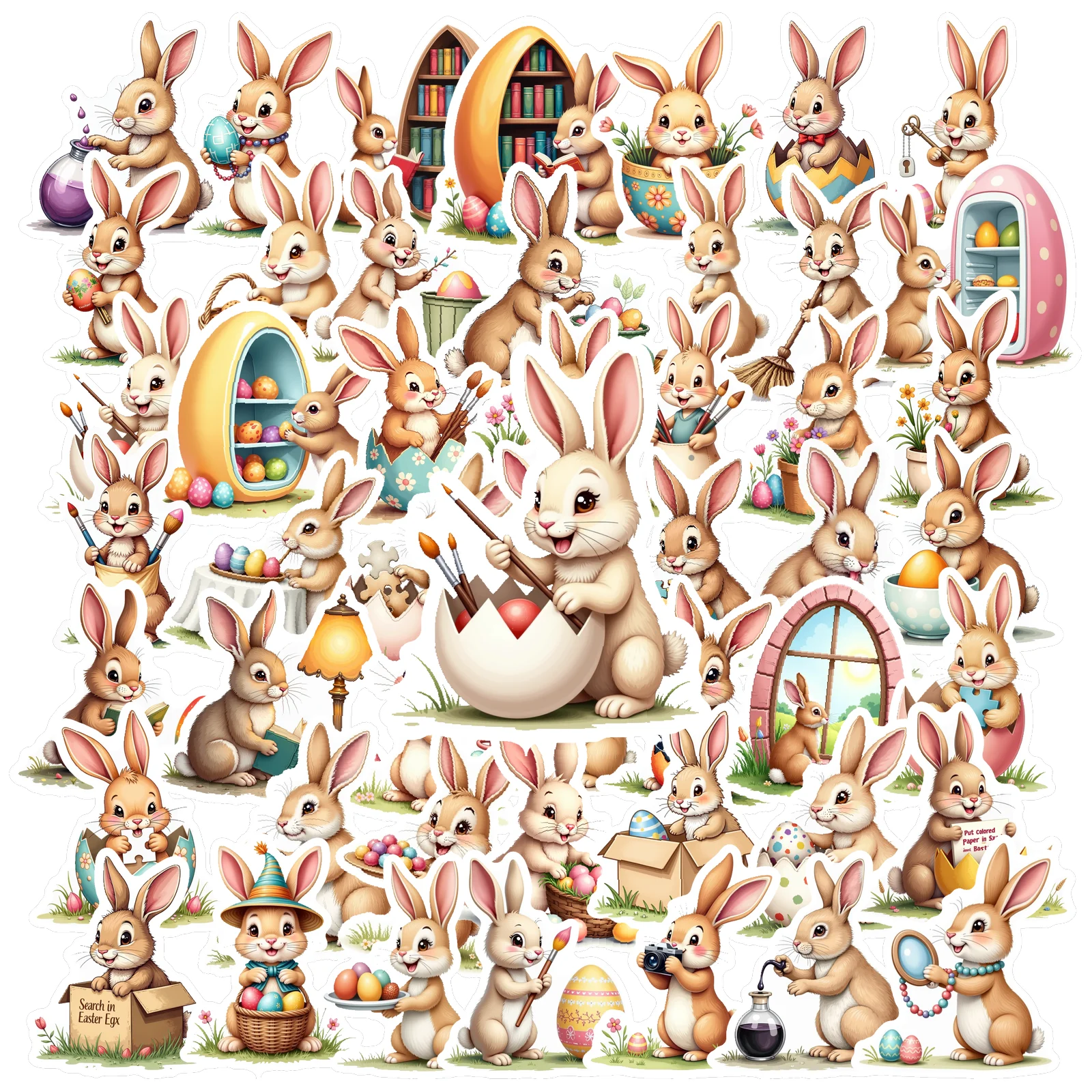 50pcs Happly Easter Stickers Cartoon Rabbit Holiday Spring Animal Stickers for Water Bottle Laptop Scrapbook Kids Decor