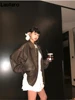 Lautaro Spring Autumn Cool Handsome Retro Oversized Distressed Brown Soft Faux Leather Jackets for Women Zipper Runway Fashion 1