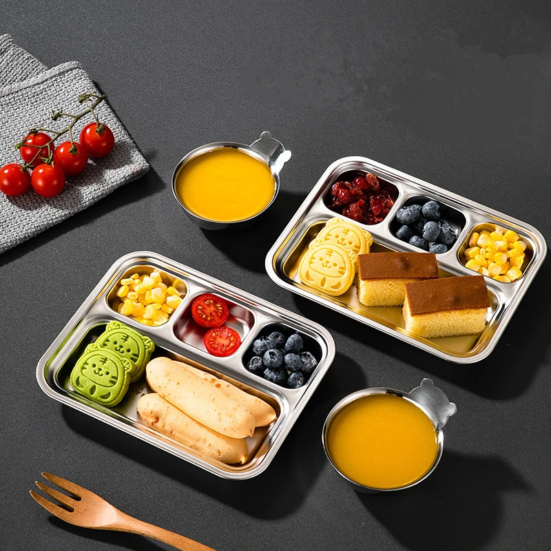 304 Stainless Steel Divided Dinner Tray Lunch Fruit Snack Container Food Plate 4 Grids For Students Canteen Restaurant