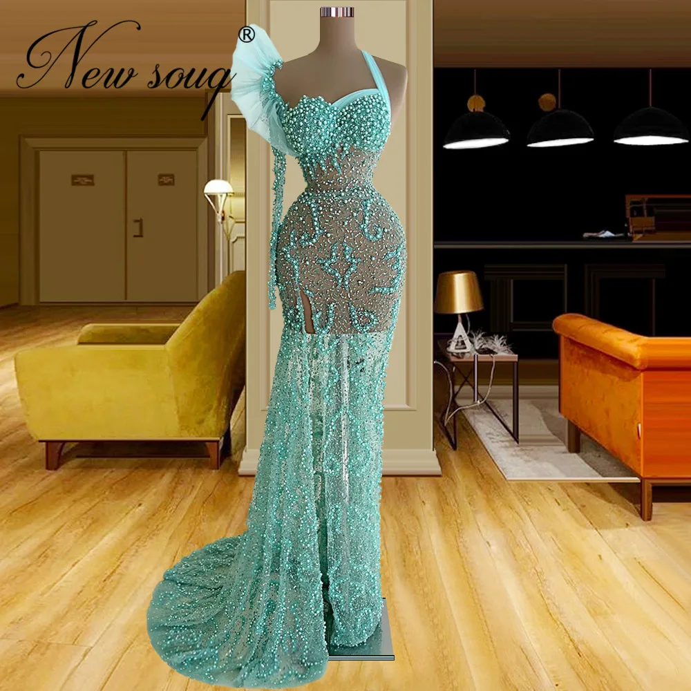 

Elegant Green Long Beaded Evening Dresses Robes De Soiree Arabic Dubai Illusion Women Prom Dress Celebrity Party Gowns 2022 New