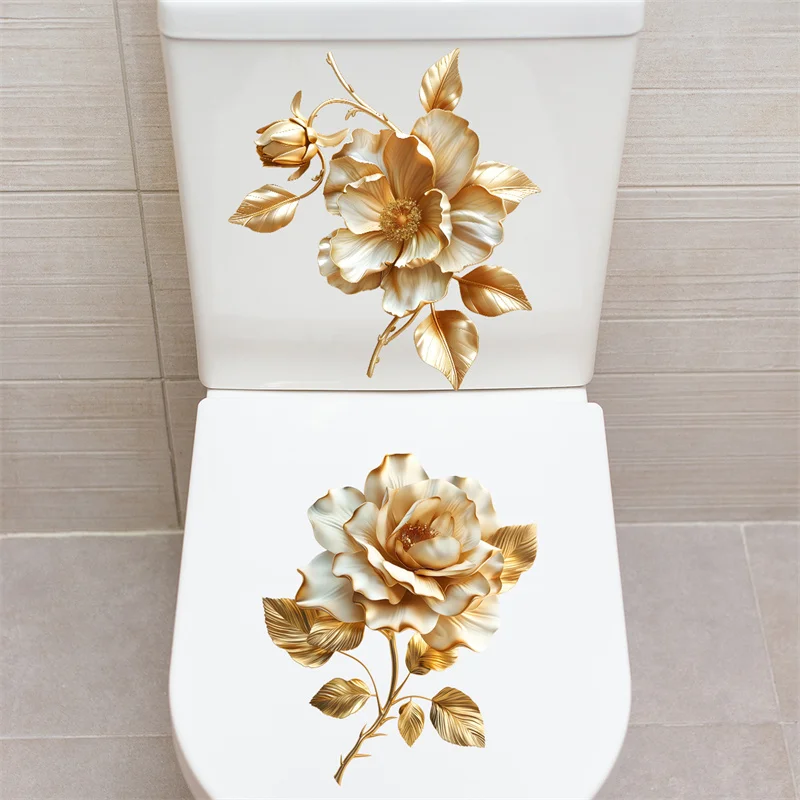 Toilet Sticker 1 Sheet Golden Flower Bathroom Toilet Cover Decorative Waterproof Self Adhesive