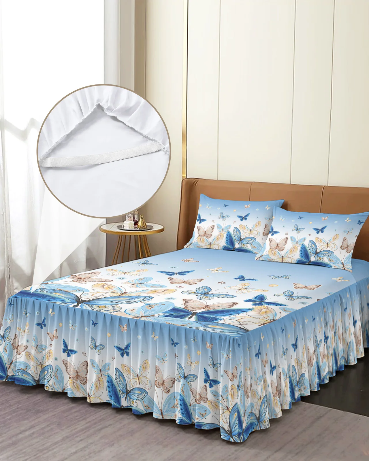 

Pastoral Butterfly Blue Gradient Bed Skirt Elastic Fitted Bedspread With Pillowcases Mattress Cover Bedding Set Bed Sheet