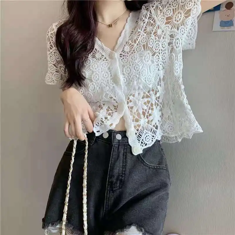 2024 Summer Korean Fashion Minimalist Sweet Style Blouses Loose Short Sleeved Hollow V-neck Solid Color Button Women's Shirt Top