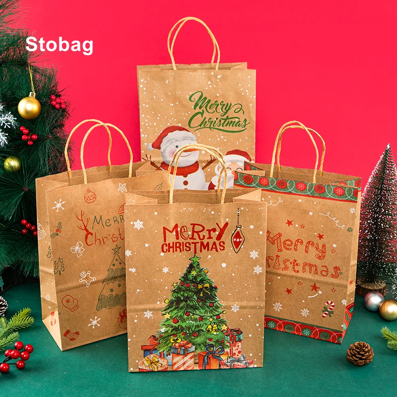 

StoBag-Merry Christmas Gift Kraft Bags Handle Package Cute Santa Claus Kids Child Holiday Happy Year Party Favors 12 Pcs 24Pcs