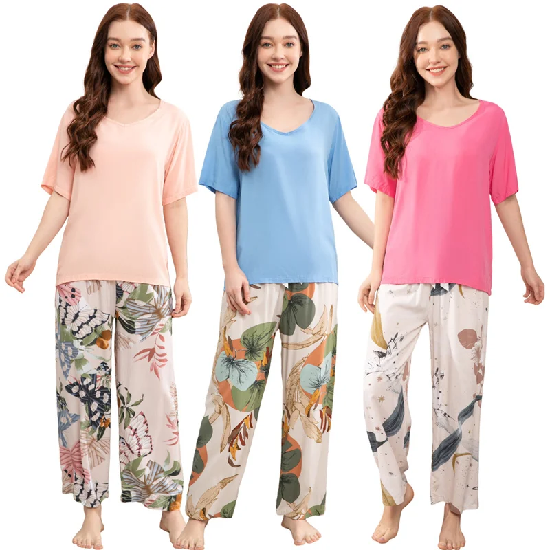 Summer Women's Thin Cotton Silk Pajamas Short Sleeve Pants Floral Home Clothing Set Oversized Casual Comfortable Nightwear