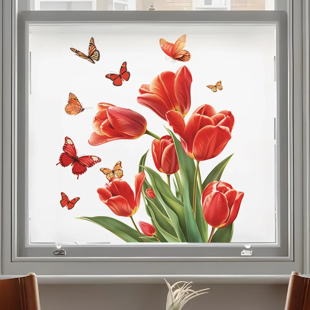 1PCS Small Fresh Painted Tulip Butterfly Glass Window Home Landscaping Decoration Electrostatic Uv Window Stickers