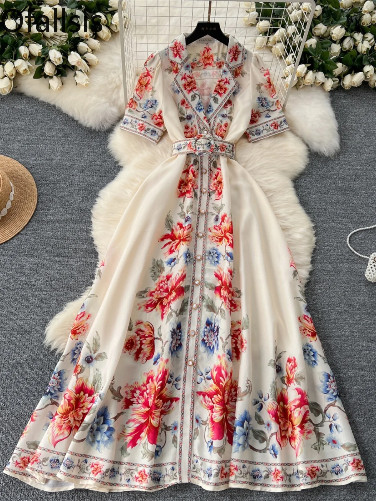 

Ofallsis High End V neck Floral Printed Dress Women's Clothing 2024 Summer New Retro Lapel Short Sleeved Single Breasted Dresses