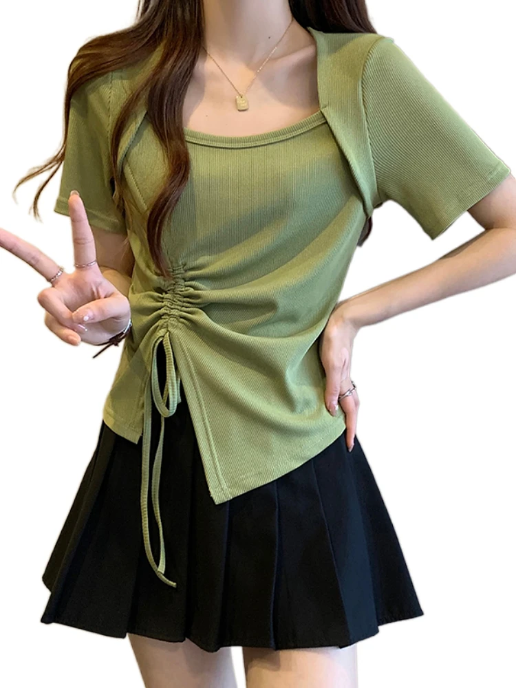 플러스 사이즈 여성 여름 새 스타일 슬리밍 고기 커버 스퀘어 칼라 반소매 티셔..