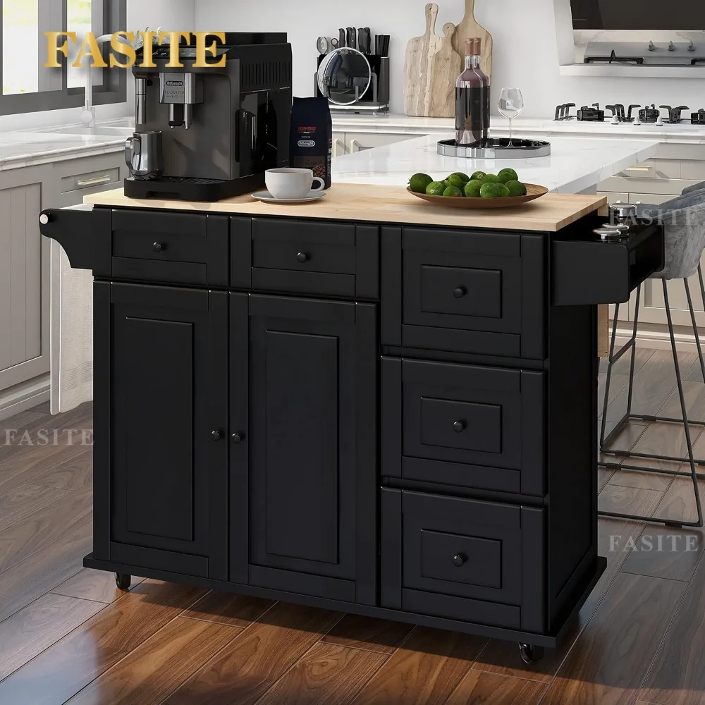 Kitchen Island with Drop Leaf,Kitchen Cart Rolling Mobile Island with Wooden Countertop, Spice Rack,Adjustable Shelves