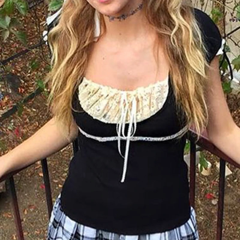 

Y2K Волшебная гранж Милая Кружевная Лоскутная футболка с коротким рукавом с завязкой квадратный воротник футболка в стиле 1920-х Винтажная летняя женская модель