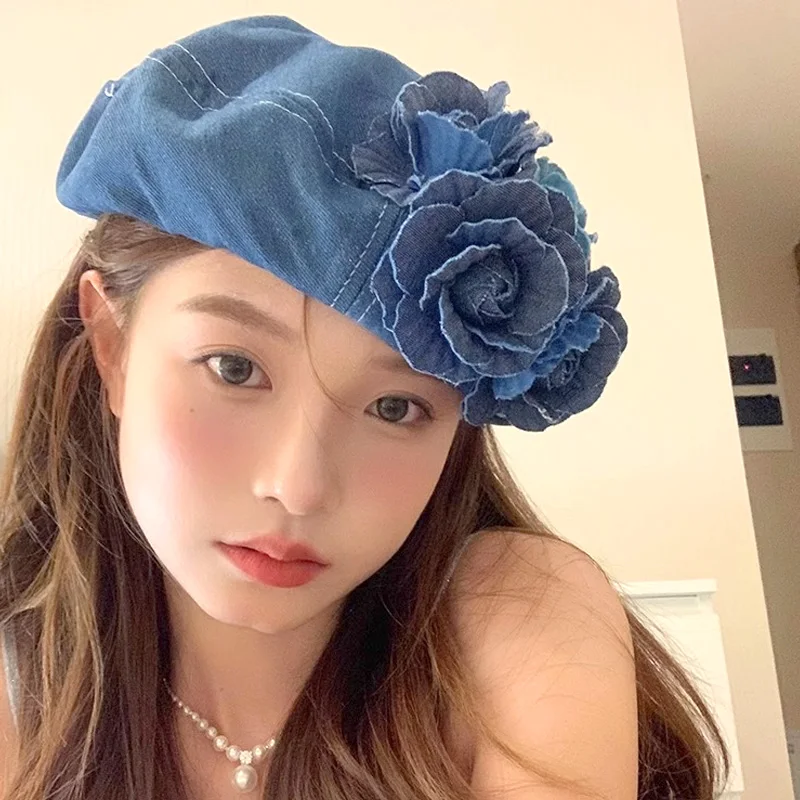 

1PC Elegant Trendy Denim fabric Beret Blue Camellia Painter Cap Woman Fashion Vintage