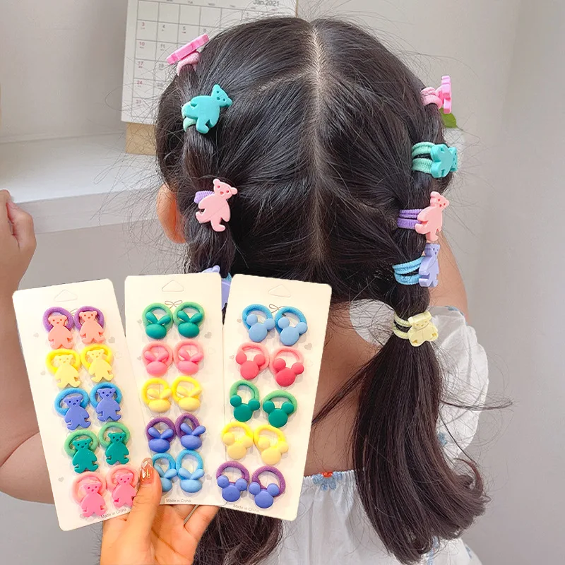 

10Pcs Candy Color Children's Cartoon Scrunchie Set Cute Animal Hair Rope Trumpet Thumb Head Rope Little Girl Hair Accessories