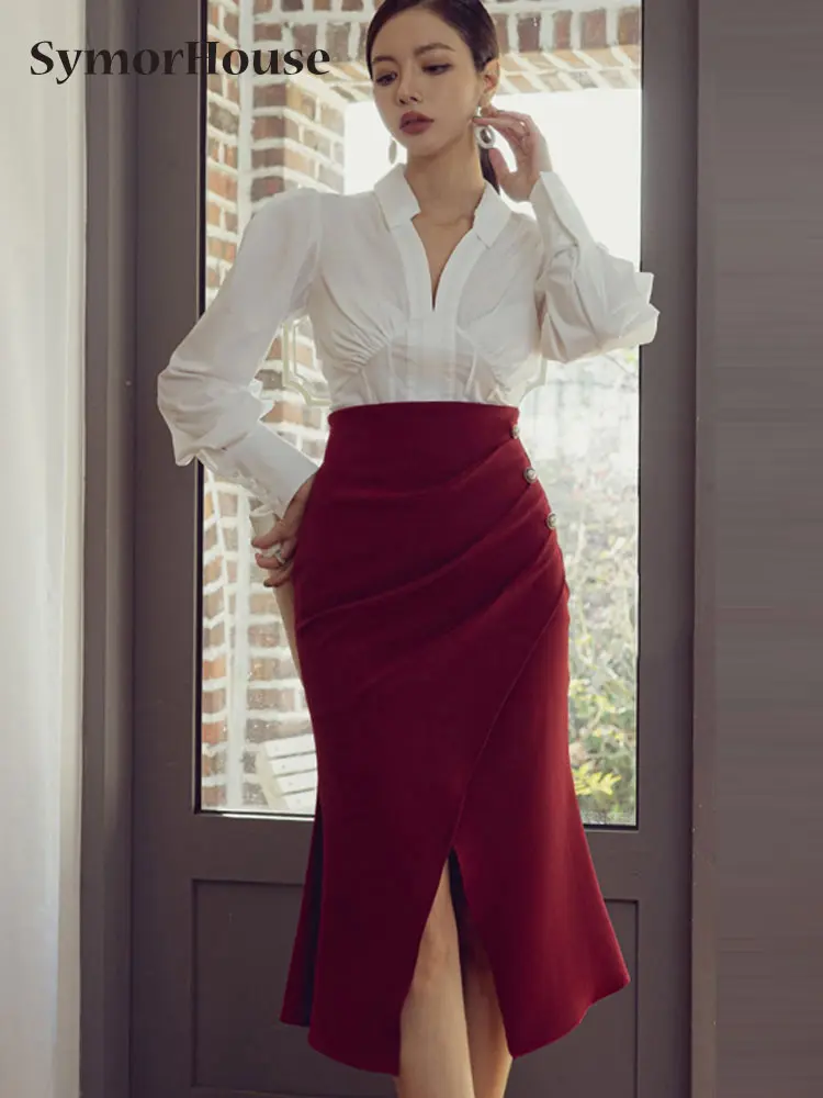 

Spring Autumn Professional Women Skirts Suit Simple V-Neck White Shirts Tops + High Waist Split Mermaid Skirt 2 Pieces Sets