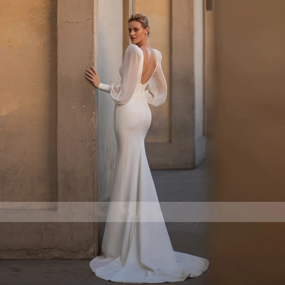 Glamorous Wedding Dresses V-Neck Backless Bridal Robes Long Puff Sleeves Gowns For Formal Party Vestidos De Novia Customized 2