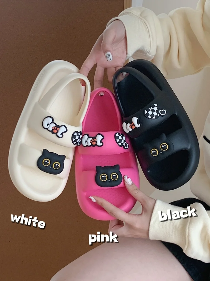 EVA Sandals Women Beach Shoes For Women Thick Sole DIY Hole Sandals Summer Sweet Cool Cute Black Cat Sandals