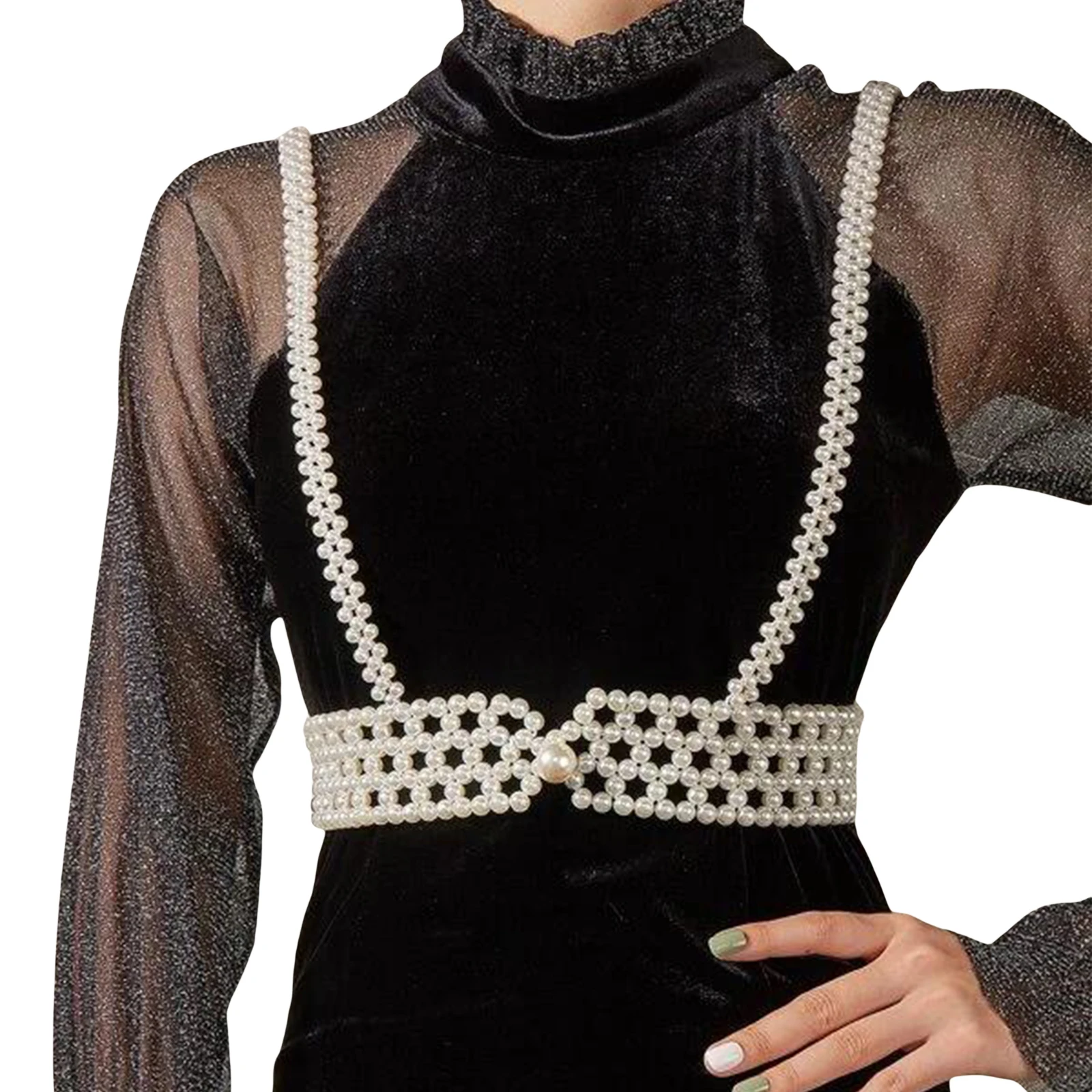 

Women's Handwoven Pearl Waist Belt Elegant Sling Vest Beaded Pearls Fashion Body Chain Waistband Body Accessory for Dresses