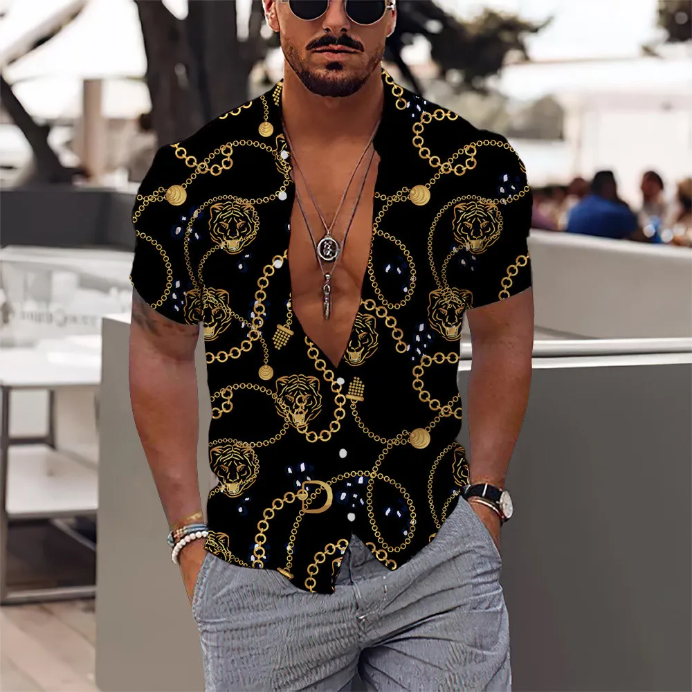 2024 3D Chain Print Shirts Men Long Sleeve Shirts Male Clothes Autumn  Shirts For Men Casual Fashion Streetwear Hip Pop Lapel Top