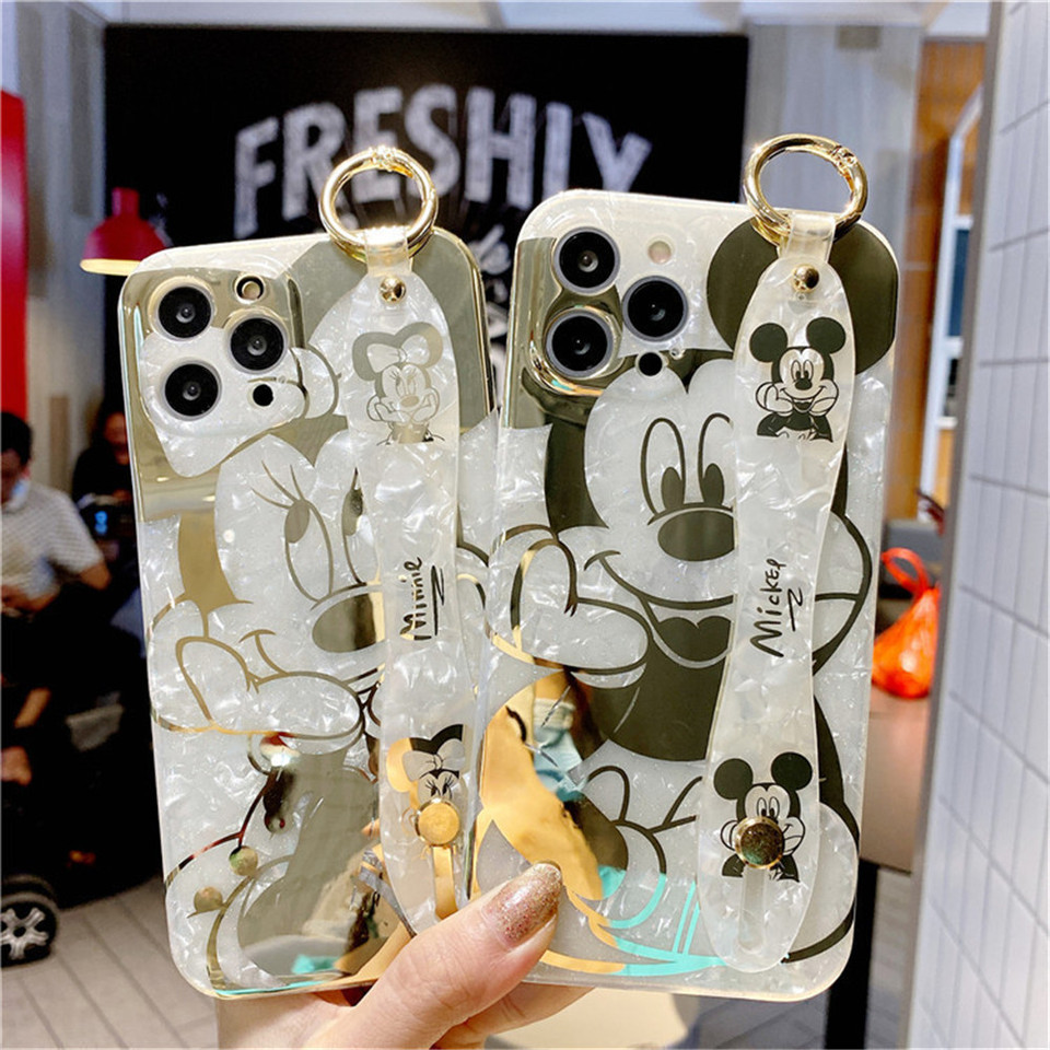 Miniso Minnie Mickey Phone Case For iPhone 15 14 Pro Max 13 12 11 Cartoon Soft Silicone Wrist Strap Sea Shell Texture Case