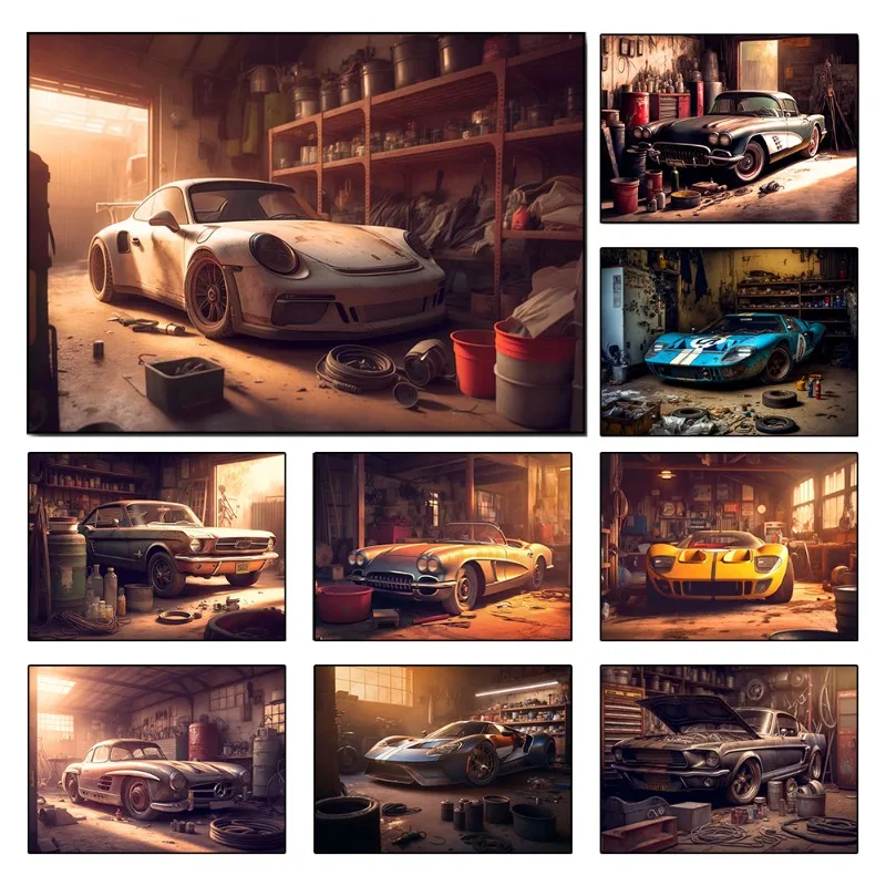Vintage Garage Classic Supercar Car Repair Retro Poster Sport Car Canvas Painting Stampe Wall Art Pictures For Room Home Decor