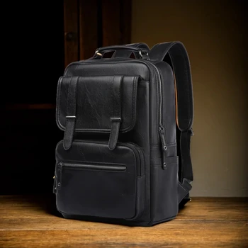 MOYYI Leather Laptop Backpack for Men Waterproof Travel Backpack Vintage Business Bag for Commuter Casual Leather Daypack 1