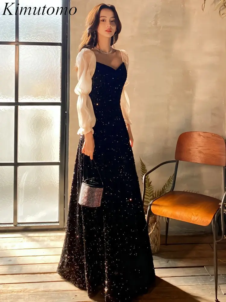 

Kimutomo Sequined Shiny Dresses for Women Puff Long Sleeves Evening Dress 2022 Elegant Celebrity Style Contrast Vestidos