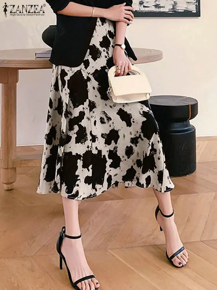 

ZANZEA Holiday Loose Zipper A-line FaldasFashion Leopard Printed Skirts Women Elegant High Elastic Waist Jupe Casual Midi Skirt