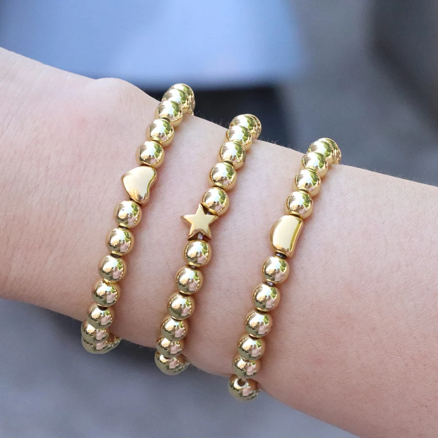 Women Beaded Stainless Steel Bracelet with Gold Silver Color Hematite Stone