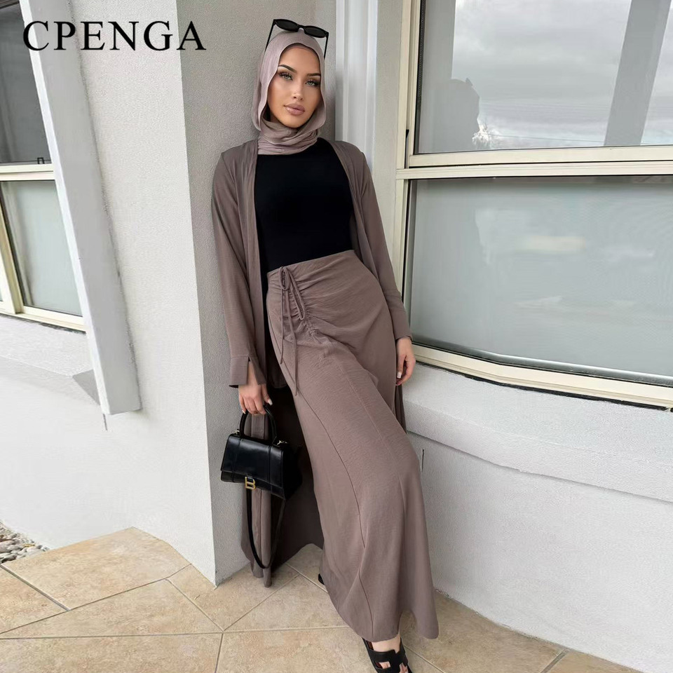 Two-piece Muslim Outfit Set for Women Ramadan Arabic Modest Cardigan Elegant Dubai Abaya Dress Islamic Plain Top and Dress Suit