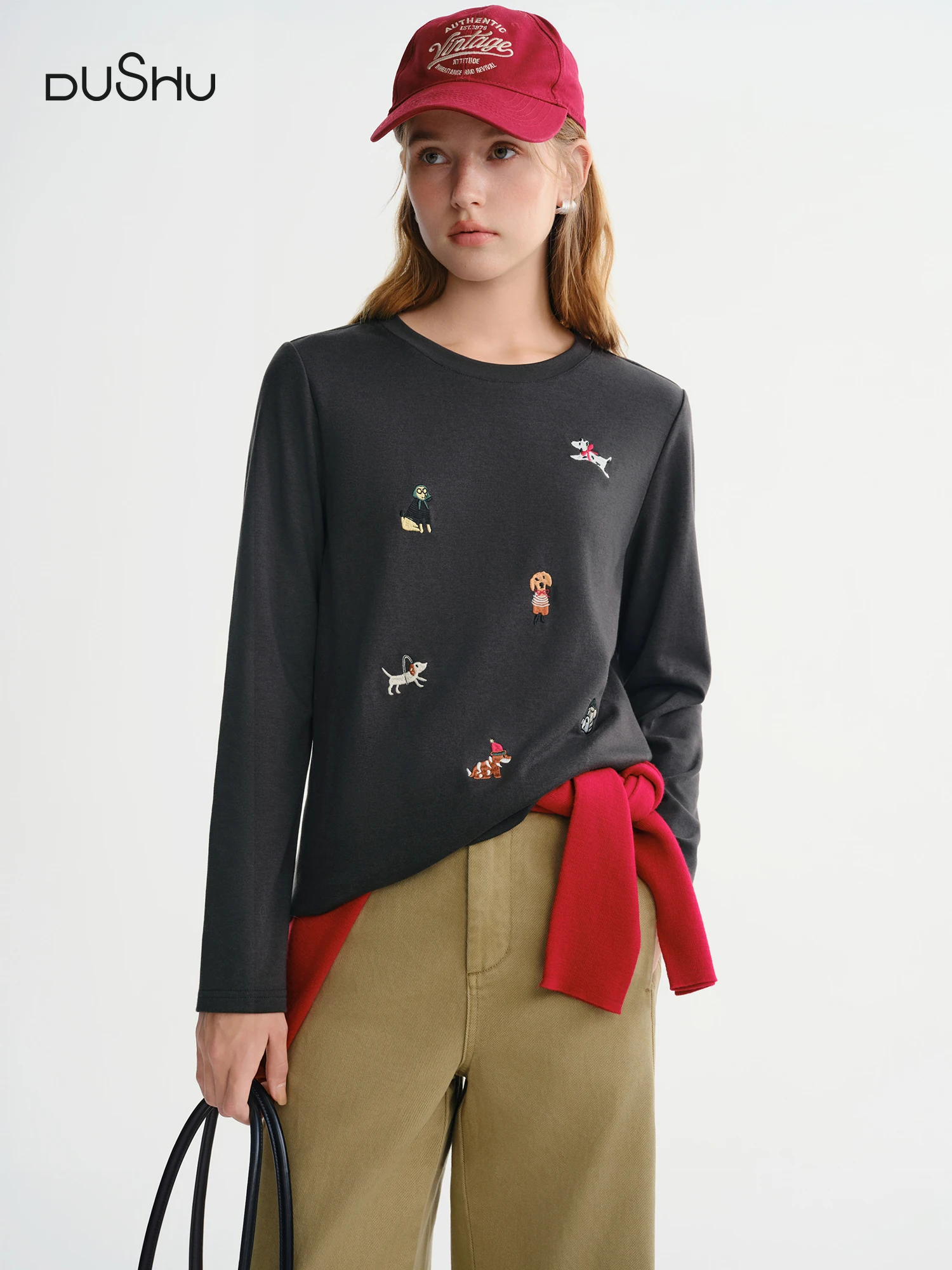 DUSHU Puppy Fun besticktes dünnes Fleece-Langarm-T-Shirt für Damen, Herbst und Winter, Hemdoberteil, süß, lässig