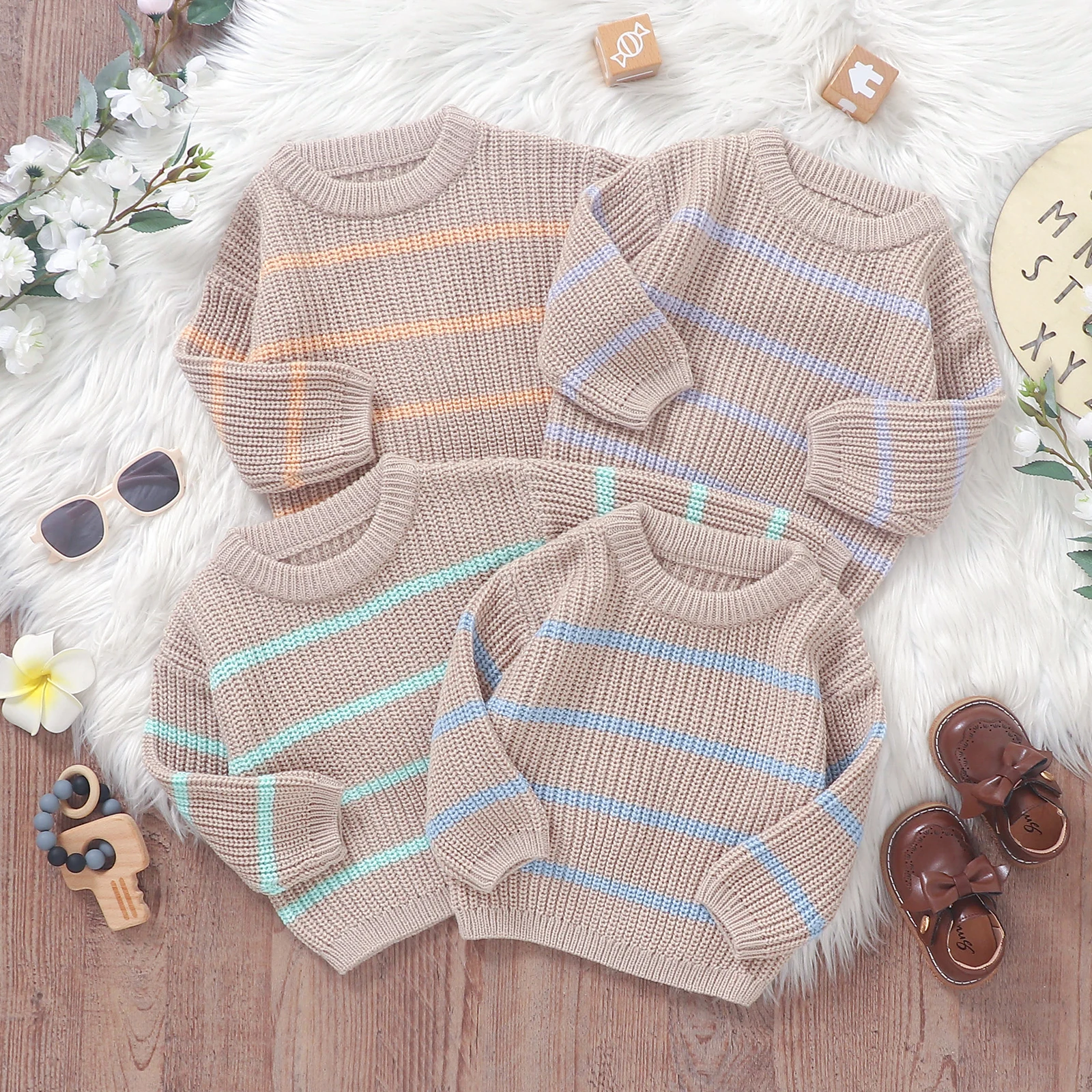 

Newborn Baby Sweater Casual Stripe Print Warm Knitted Long Sleeve Pullover Infant Knitwear for Toddler