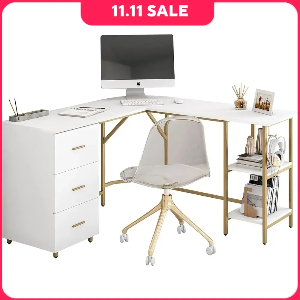 L Shaped Desk Two-Toned Computer Desk Drawers Storage Shelves Sturdy For Home Office Writing