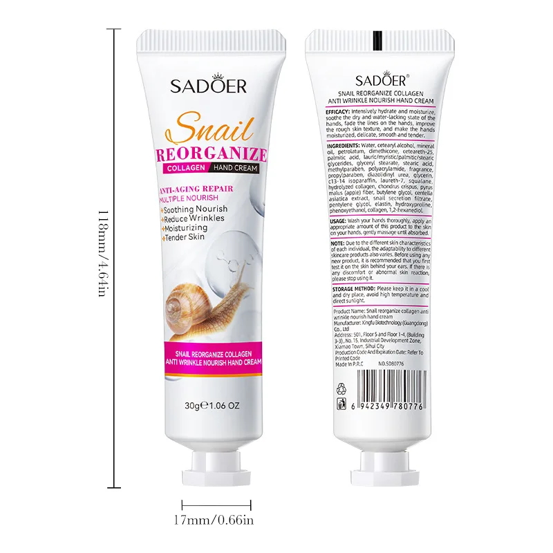 SADOER Snail Collagen Hand Cream Moisturizing Anti-aging Nourishing Anti Wrinkles Whitening Hands Skin Care Products