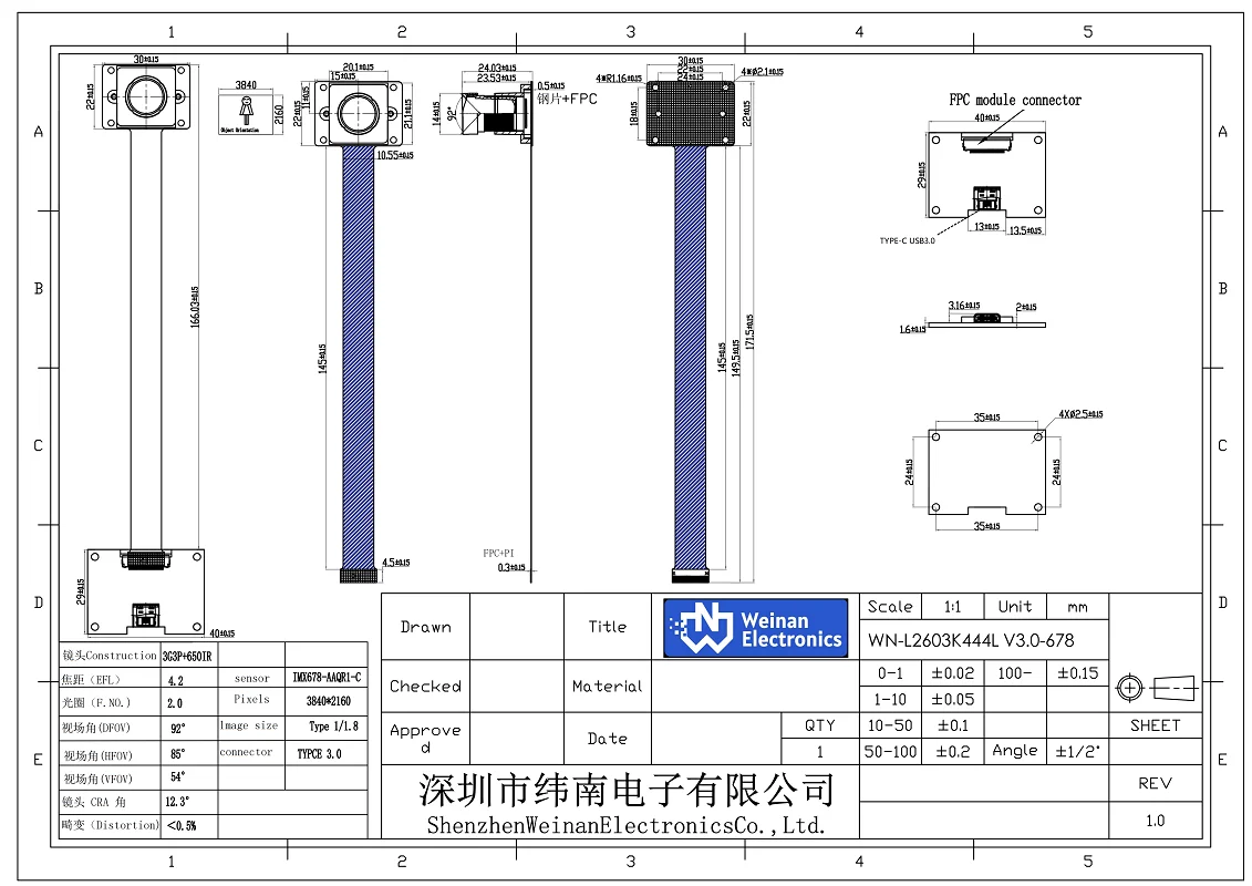 1/1.8'' IMX678 센서 8MP USB UVC 카메라 모듈 DFOV 92 ° 고성능 4K USB3.0 카메라 모듈