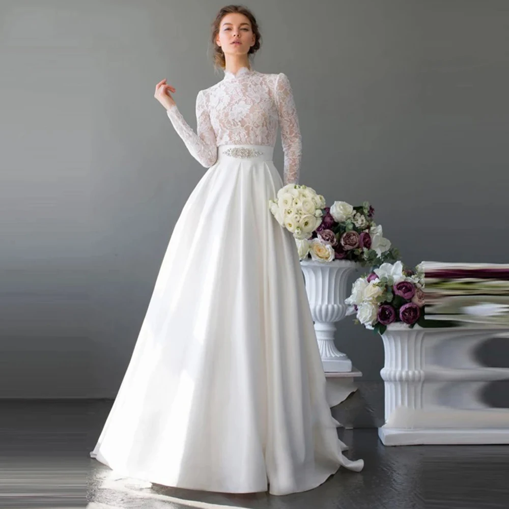 Elegant A-Line Wedding Dresses High Neck Long Sleeves Lace Applique Bridal  Gowns
