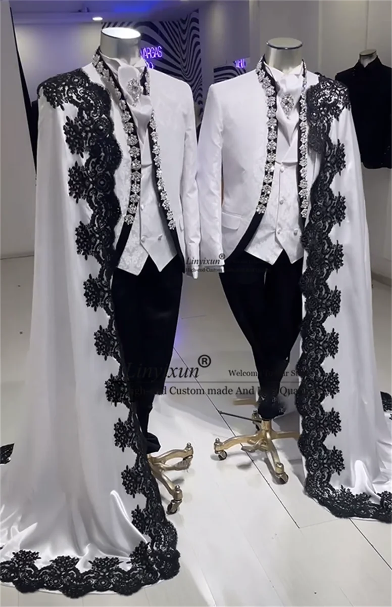 Luxury Shiny Diamond Suits For Men 3 Pieces Groom Wedding Tuxedos Long Cape Formal Customized Male Blazers trajes para hombre 2