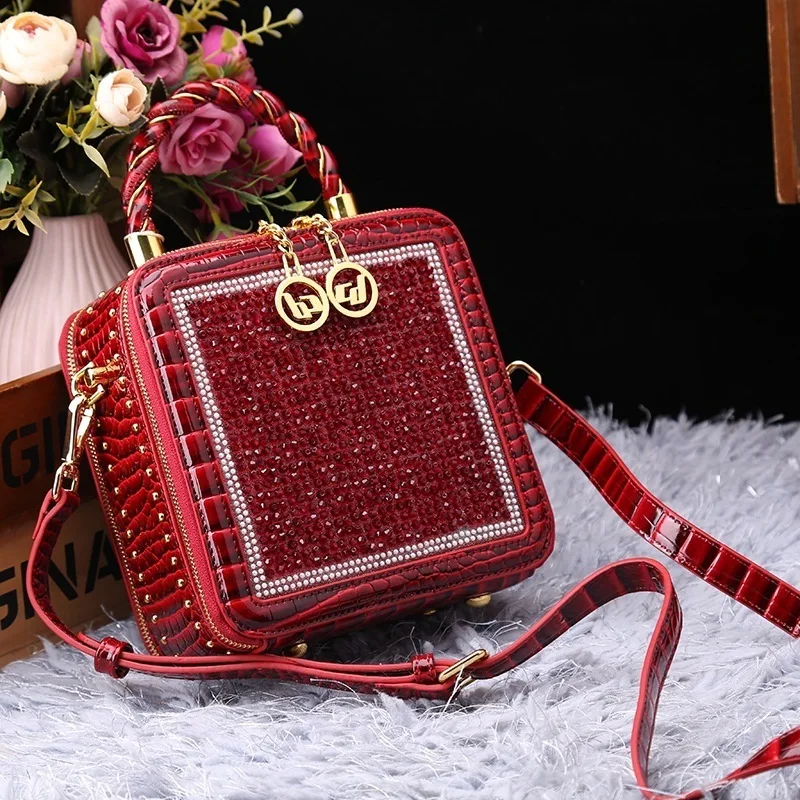 Crossbody Diamond Bag Shoulder Woman Women Handbag New Messenger Y2k Female Fashion Composite Cowhide Clutche Retro