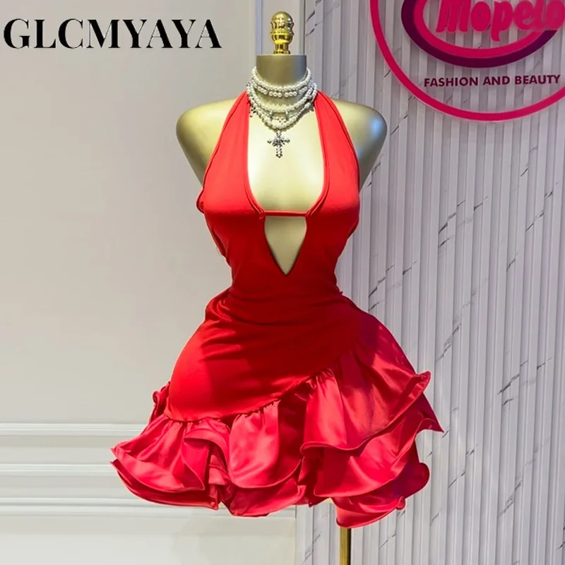GLCMYAYA Women Sleevelss Halter V-neck Ruffles Ball Gown Smock A-line Mini Midi Dress 2025 Summer Vacation Holiday Party Dresses 5