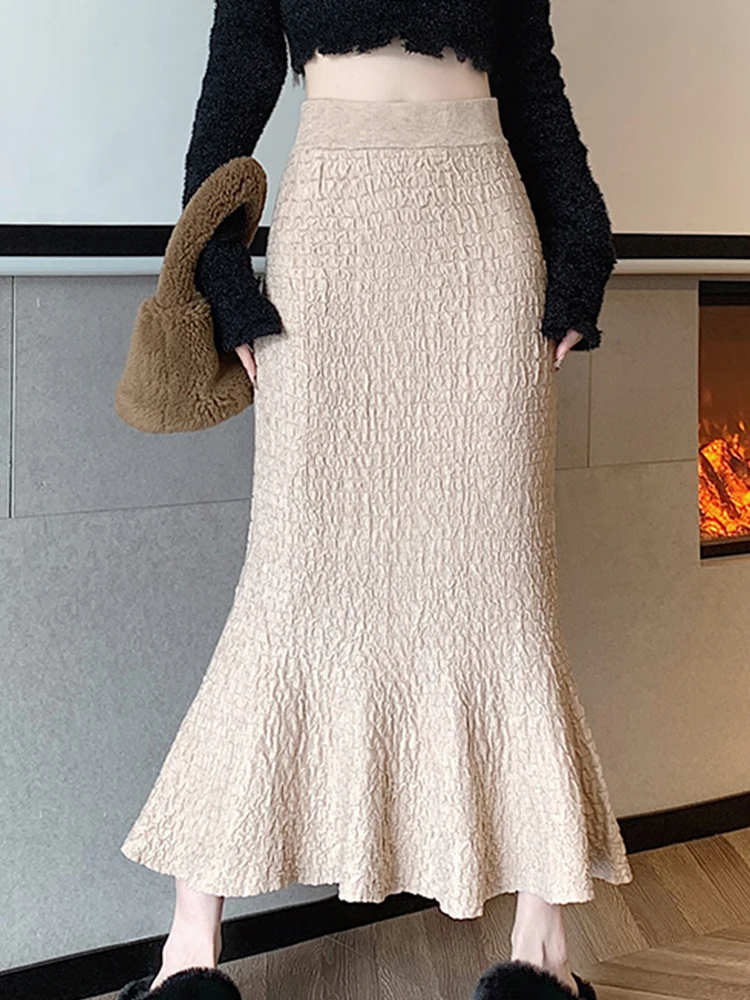 

Повседневная плиссированная трикотажная юбка средней длины с высокой талией, облегающая юбка в стиле «рыбий хвост», новинка 2023, модная женская одежда